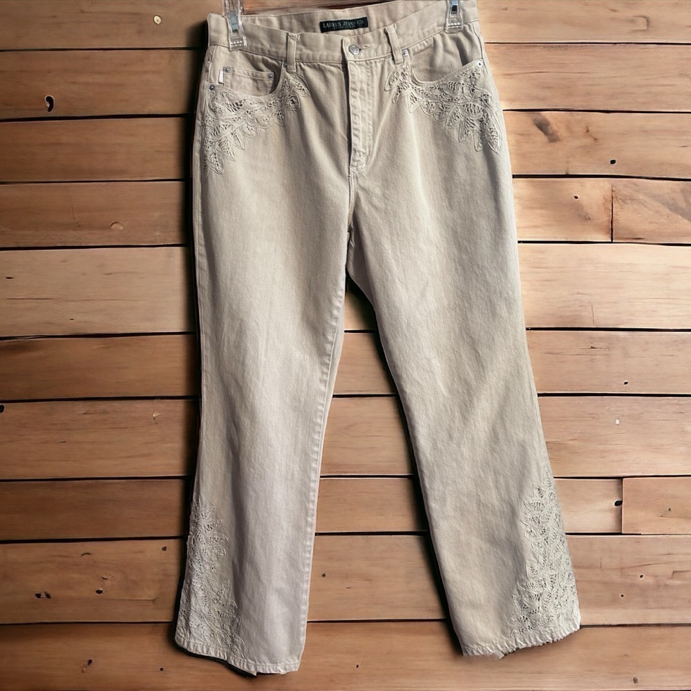 Lauren Jeans Co. Ralph Lauren Tan Denim Boot Cut Lace Accent 5 pocket Jeans